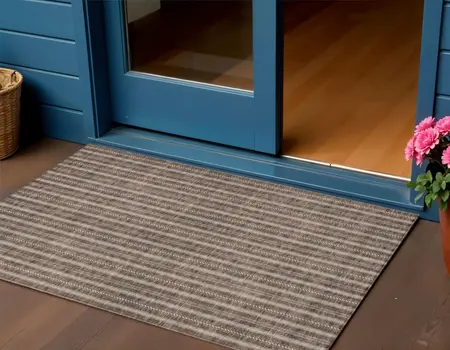 3' X 5' Brown And Ivory Striped Washable Indoor Outdoor Area Rug