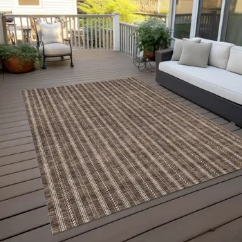3' X 5' Brown And Ivory Striped Washable Indoor Outdoor Area Rug