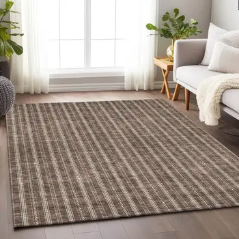 5' X 8' Brown And Ivory Striped Washable Indoor Outdoor Area Rug