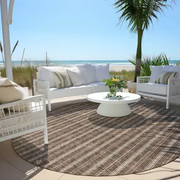 8' Brown And Ivory Round Striped Washable Indoor Outdoor Area Rug
