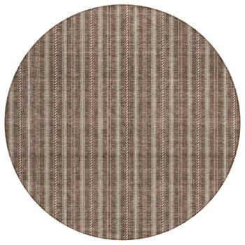 8' Brown And Ivory Round Striped Washable Indoor Outdoor Area Rug