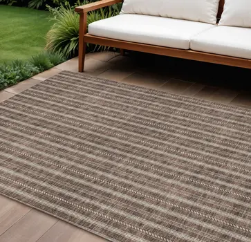 9' X 12' Brown And Ivory Striped Washable Indoor Outdoor Area Rug
