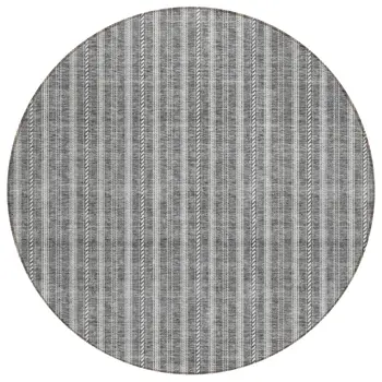 8' Gray And Ivory Round Striped Washable Indoor Outdoor Area Rug