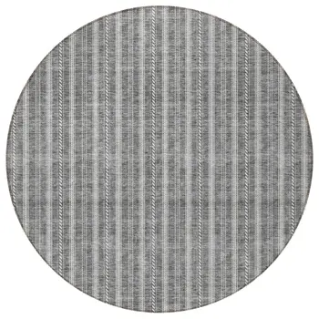 8' Gray And Ivory Round Striped Washable Indoor Outdoor Area Rug