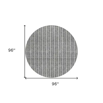 8' Gray And Ivory Round Striped Washable Indoor Outdoor Area Rug