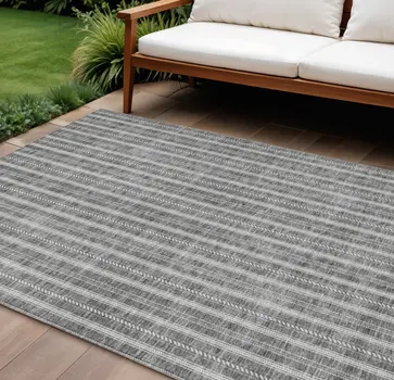 8' X 10' Gray And Ivory Striped Washable Indoor Outdoor Area Rug