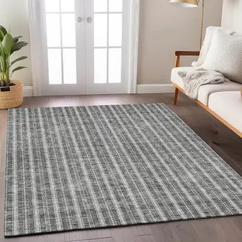 10' X 14' Gray And Ivory Striped Washable Indoor Outdoor Area Rug