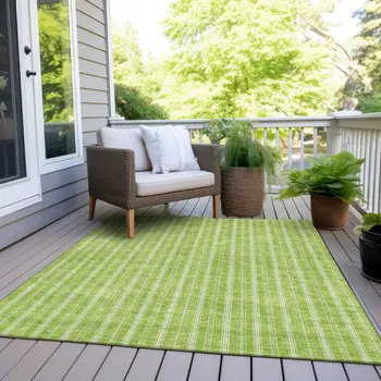 5' X 8' Lime Green And Ivory Striped Washable Indoor Outdoor Area Rug