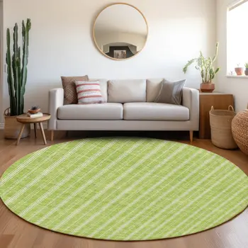 8' Lime Green And Ivory Round Striped Washable Indoor Outdoor Area Rug