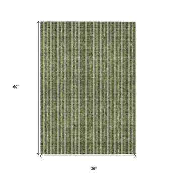 3' X 5' Olive Green And Ivory Striped Washable Indoor Outdoor Area Rug