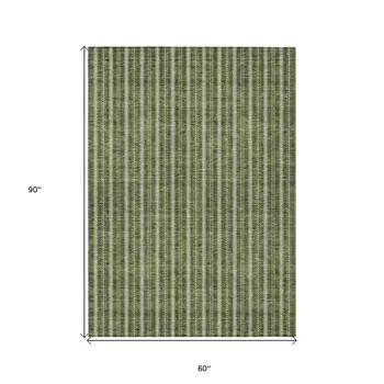 5' X 8' Olive Green And Ivory Striped Washable Indoor Outdoor Area Rug