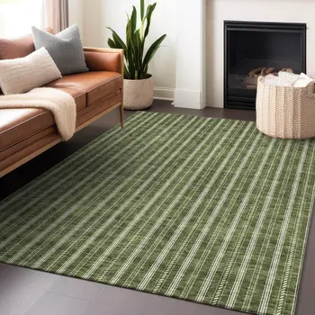 5' X 8' Olive Green And Ivory Striped Washable Indoor Outdoor Area Rug