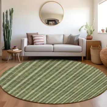 8' Olive Green And Ivory Round Striped Washable Indoor Outdoor Area Rug