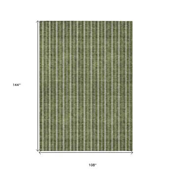 9' X 12' Olive Green And Ivory Striped Washable Indoor Outdoor Area Rug