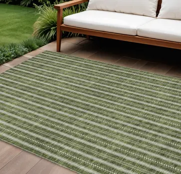 10' X 14' Olive Green And Ivory Striped Washable Indoor Outdoor Area Rug