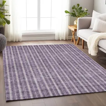 5' X 8' Purple And Ivory Striped Washable Indoor Outdoor Area Rug