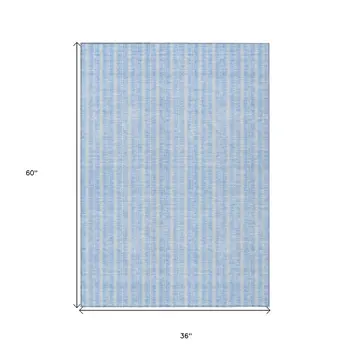 3' X 5' Sky Blue And Ivory Striped Washable Indoor Outdoor Area Rug