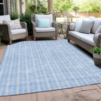 3' X 5' Sky Blue And Ivory Striped Washable Indoor Outdoor Area Rug