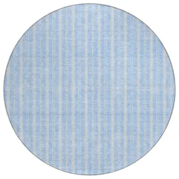 8' Sky Blue And Ivory Round Striped Washable Indoor Outdoor Area Rug