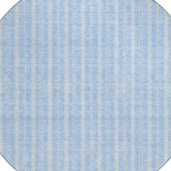 8' Sky Blue And Ivory Round Striped Washable Indoor Outdoor Area Rug