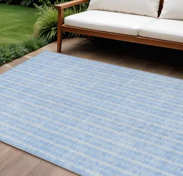 8' X 10' Sky Blue And Ivory Striped Washable Indoor Outdoor Area Rug