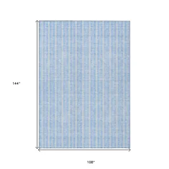 9' X 12' Sky Blue And Ivory Striped Washable Indoor Outdoor Area Rug