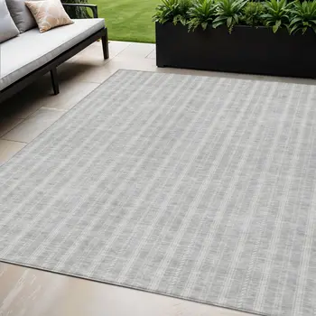 5' X 8' Silver And Ivory Striped Washable Indoor Outdoor Area Rug