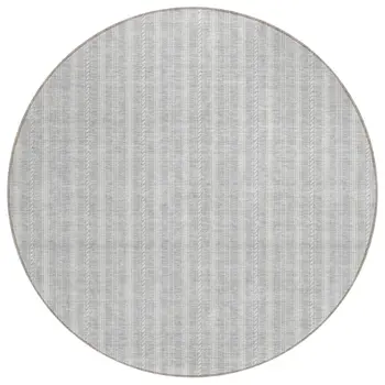 8' Silver And Ivory Round Striped Washable Indoor Outdoor Area Rug