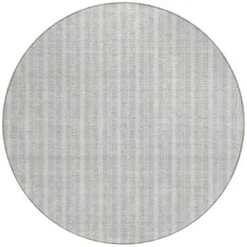 8' Silver And Ivory Round Striped Washable Indoor Outdoor Area Rug
