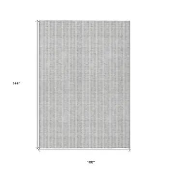9' X 12' Silver And Ivory Striped Washable Indoor Outdoor Area Rug