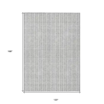 10' X 14' Silver And Ivory Striped Washable Indoor Outdoor Area Rug