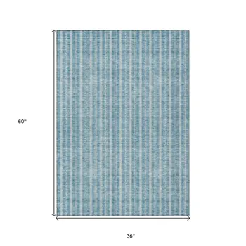 3' X 5' Teal Blue And Ivory Striped Washable Indoor Outdoor Area Rug