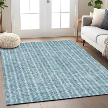 3' X 5' Teal Blue And Ivory Striped Washable Indoor Outdoor Area Rug