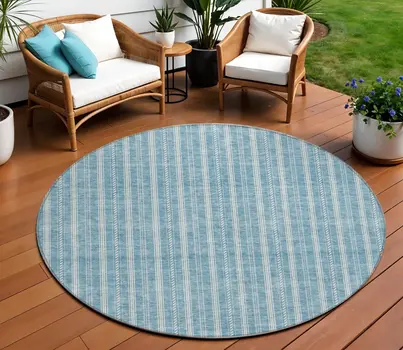 8' Teal Blue And Ivory Round Striped Washable Indoor Outdoor Area Rug