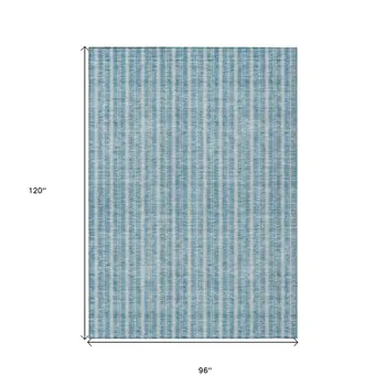 8' X 10' Teal Blue And Ivory Striped Washable Indoor Outdoor Area Rug