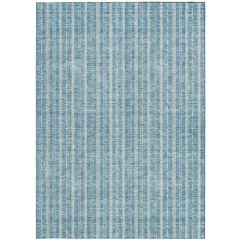 9' X 12' Teal Blue And Ivory Striped Washable Indoor Outdoor Area Rug