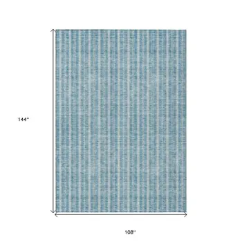 9' X 12' Teal Blue And Ivory Striped Washable Indoor Outdoor Area Rug