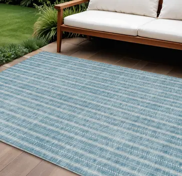 9' X 12' Teal Blue And Ivory Striped Washable Indoor Outdoor Area Rug