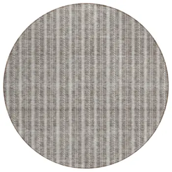 8' Taupe And Ivory Round Striped Washable Indoor Outdoor Area Rug