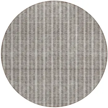 8' Taupe And Ivory Round Striped Washable Indoor Outdoor Area Rug
