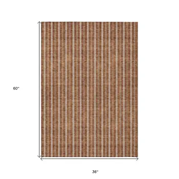 3' X 5' Terra Cotta And Ivory Striped Washable Indoor Outdoor Area Rug