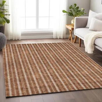 3' X 5' Terra Cotta And Ivory Striped Washable Indoor Outdoor Area Rug