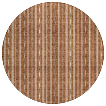 8' Terra Cotta And Ivory Round Striped Washable Indoor Outdoor Area Rug