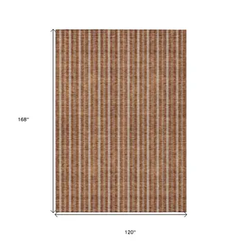 10' X 14' Terra Cotta And Ivory Striped Washable Indoor Outdoor Area Rug