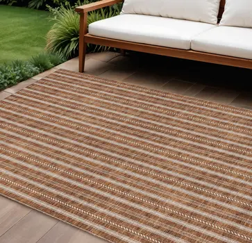 10' X 14' Terra Cotta And Ivory Striped Washable Indoor Outdoor Area Rug
