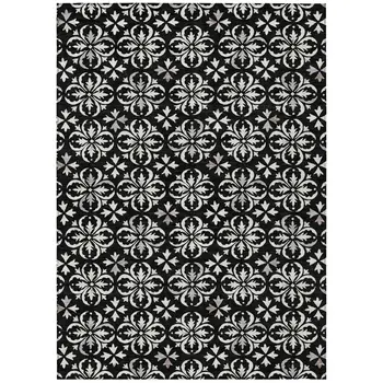5' X 8' Black And Ivory Floral Washable Indoor Outdoor Area Rug