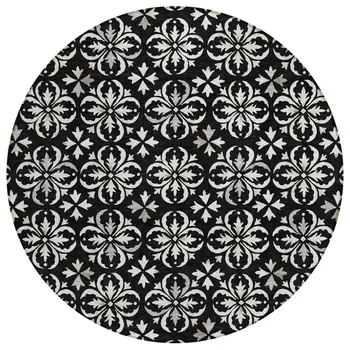 8' Black And Ivory Round Floral Washable Indoor Outdoor Area Rug