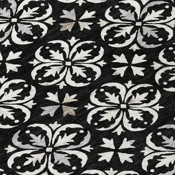 8' Black And Ivory Round Floral Washable Indoor Outdoor Area Rug