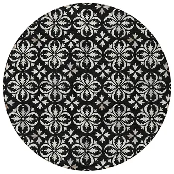 8' Black And Ivory Round Floral Washable Indoor Outdoor Area Rug
