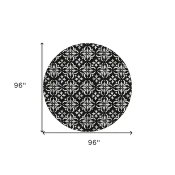 8' Black And Ivory Round Floral Washable Indoor Outdoor Area Rug